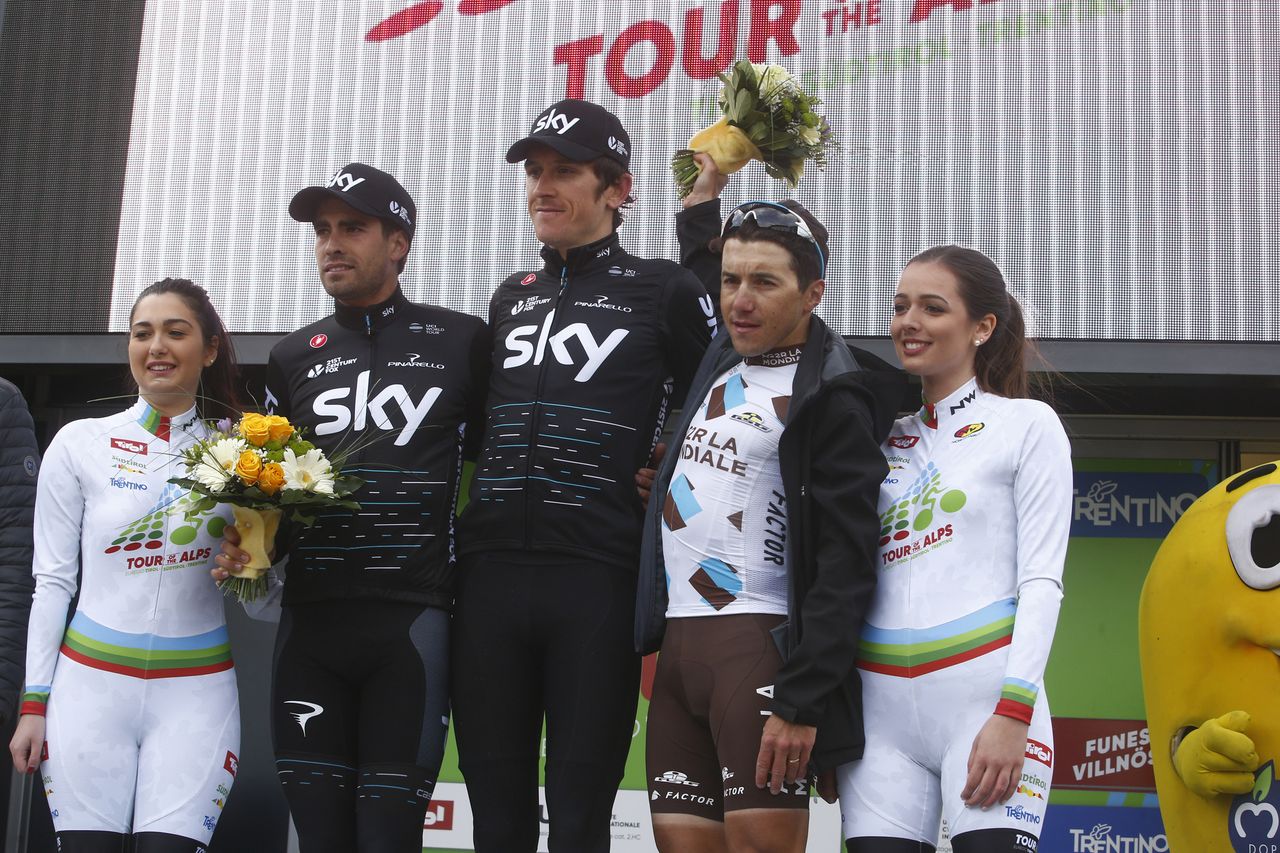 Mikel Landa, Geraint Thomas and Domenico Pozzovivo on the stage podium