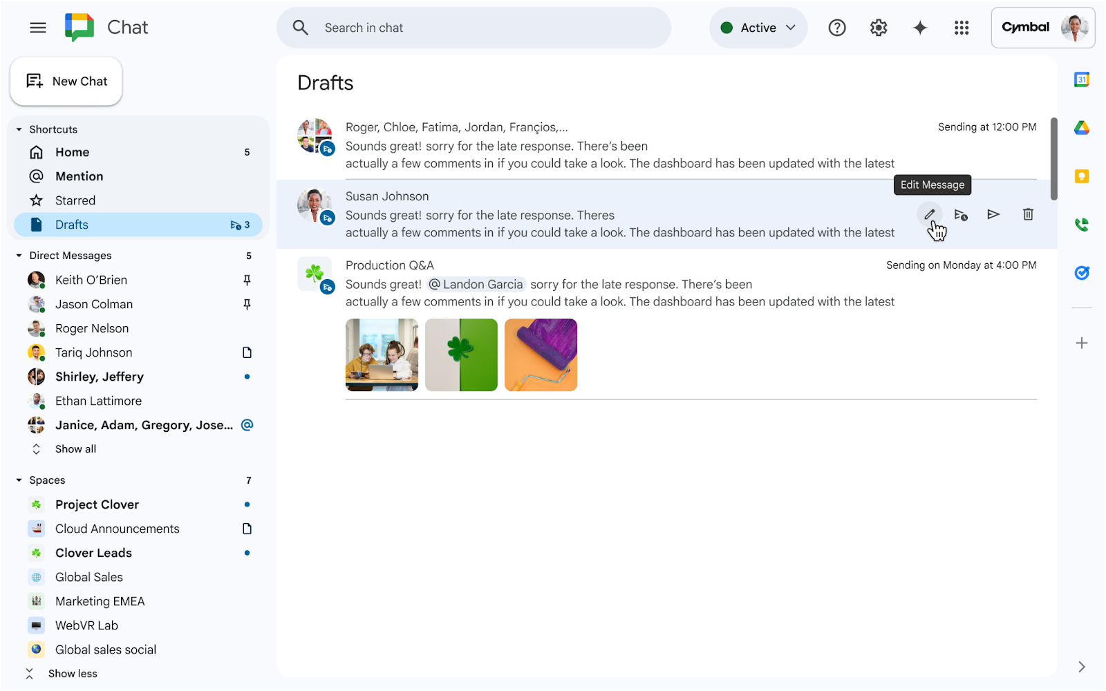 The schedule send feature in Google Chat.