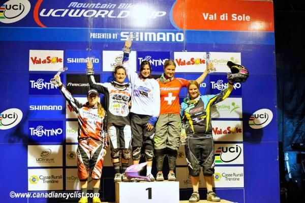 Elite women's four cross Final World Cup podium overall: C&eacute;line Gros, Melissa Buhl, Anneke Beerten, Lucia Oetjen, Fionn Griffiths
