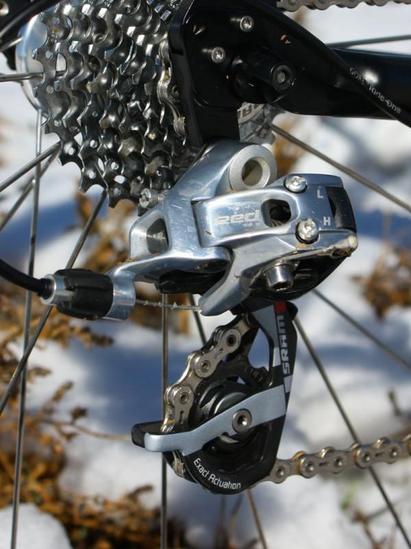 The SRAM Red rear derailleur held up well to Saturday's mud - roughly two dozen other riders throughout the day's series of races weren't quite so lucky though as heavy mud clogged drivetrains.
