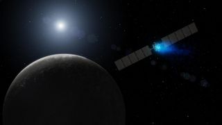 Artist’s conception of the Dawn spacecraft arriving at Ceres. The engine’s xenon ions glow with blue light.