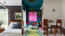 bedroom with charcoal gray wall, maximalist teal and pink living room, neutral dining room