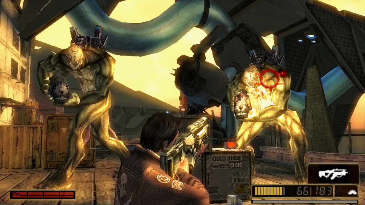 Grayson fights aliens at the docks in the PSP game Resistance: Retribution