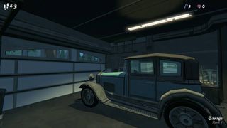 Blue Prince garage with cold car and closed door