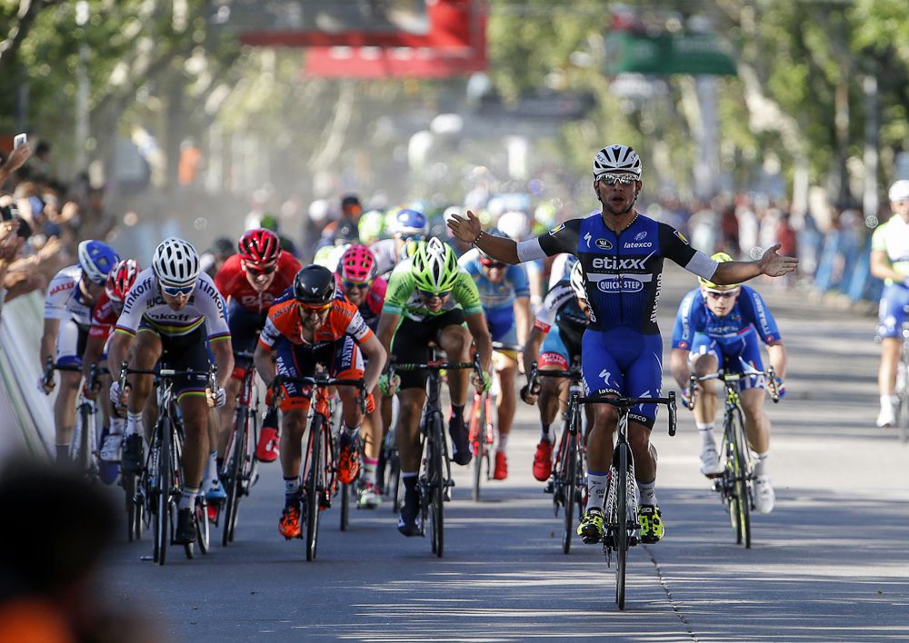 Fernando Gaviria celebrates his stage 2 win at Tour de San Luis.