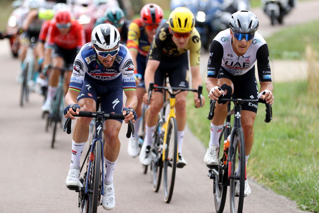 POLIGNY FRANCE JULY 21 LR Julian Alaphilippe of France and Team Soudal Quick Step and Matteo Trentin of Italy and UAE Team Emirates compete in the breakaway during the stage nineteen of the 110th Tour de France 2023 a 1728km stage from MoiransenMontagne to Poligny UCIWT on July 21 2023 in Poligny France Photo by Michael SteeleGetty Images