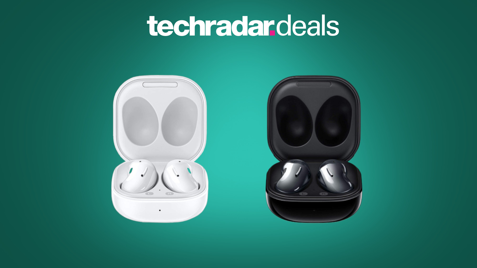 Samsung Galaxy Buds Live on green background with TechRadar deals text