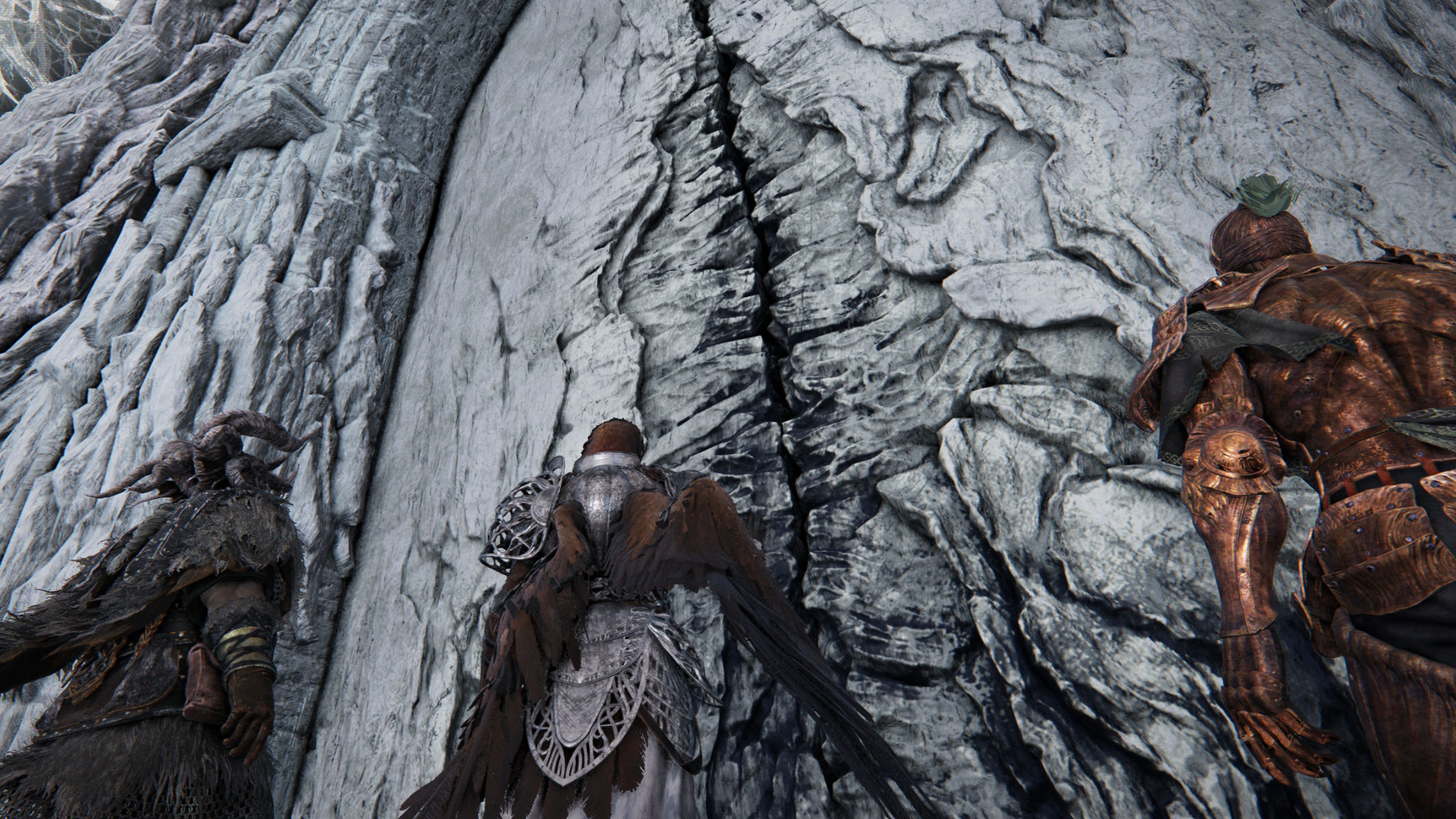 Best Elden Ring team compositions: Raider, Guardian, and Executor pushing open the large, bark-like door to the Nightlord boss.