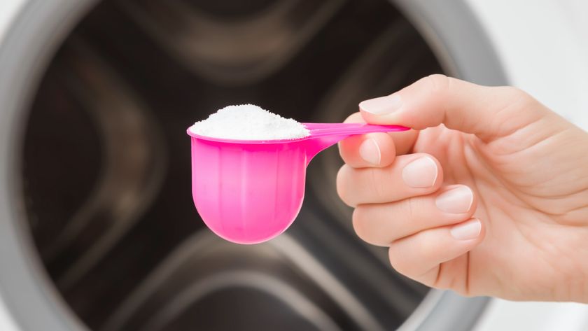 Young adult woman&#039;s hand holding pink cup or scoop of powder for clothes washing or washer descaling. Closeup. Front view.
