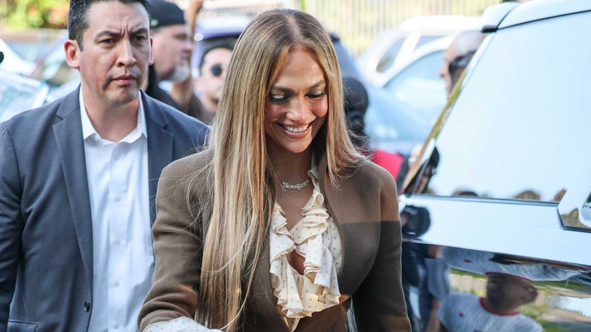 Jennifer Lopez attended a &#039;Kiss of the Spider Woman&#039; event in a boho-chic brown suit and ruffled sleeves