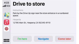 A look at the screen for Target "Drive Up" in Apple CarPlay.