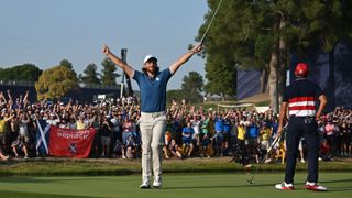 Tommy Fleetwood stands open with his arms aloft