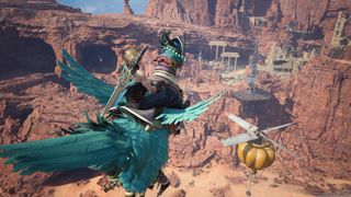 Cloud flies on a green chocobo in Final Fantasy 7 Rebirth across Cosmo Canyon's open area