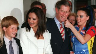 Prince Charles and Prince Harry with Victoria Beckham and Mel C of the Spice Girls