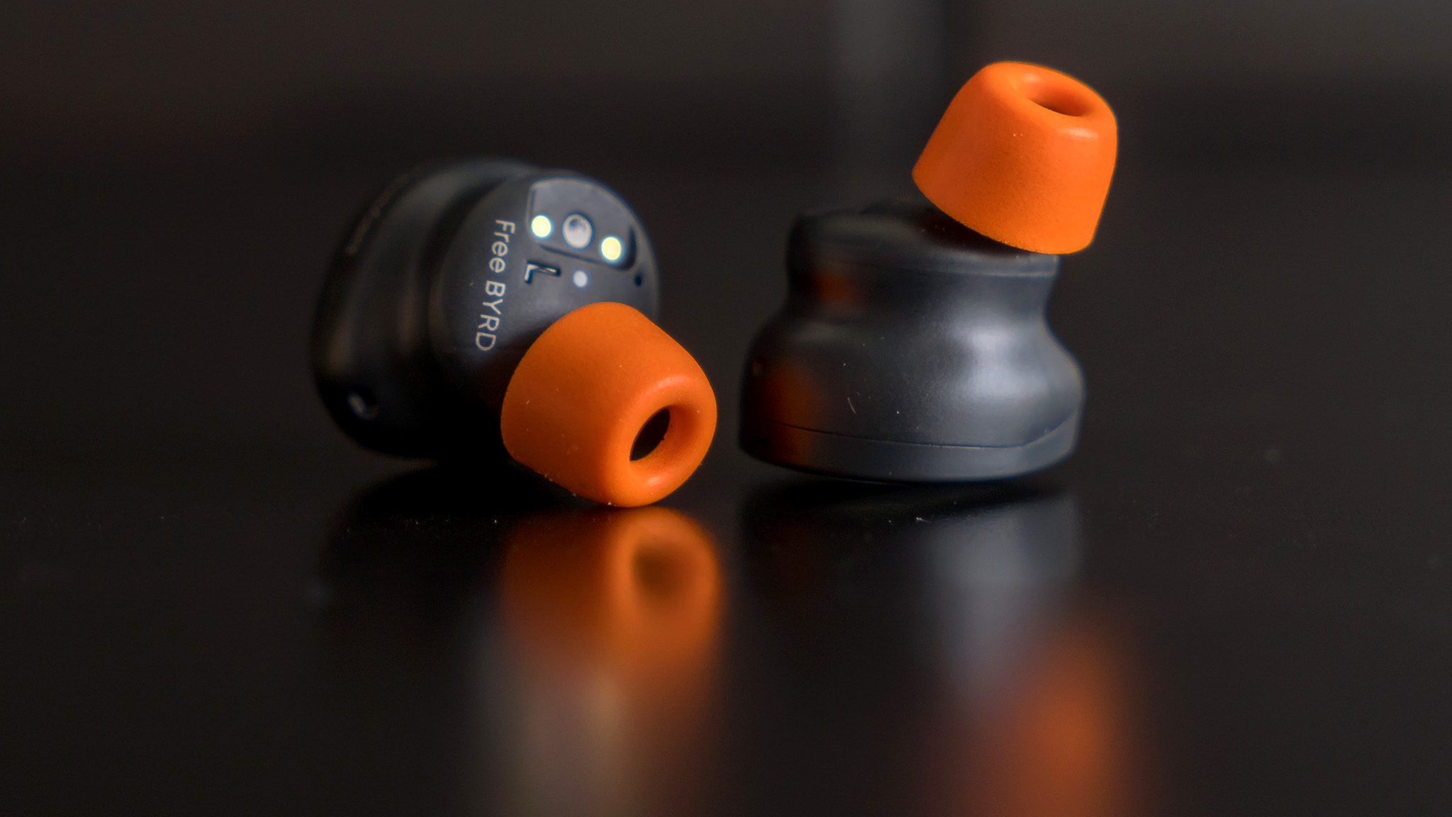 The Beyerdynamic Free Byrd earbuds with foam tips attached.