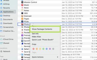 The Applications window shows the right-click menu above Photo Booth, with a green box around "Show Package Contents," which is how you show the invisible files of an app in macOS.