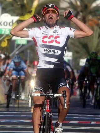 Cancellara crosses the line after his incredible solo attempt