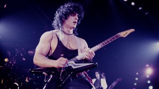 American guitarist Kane Roberts performs live on stage with Alice Cooper circa 1987.