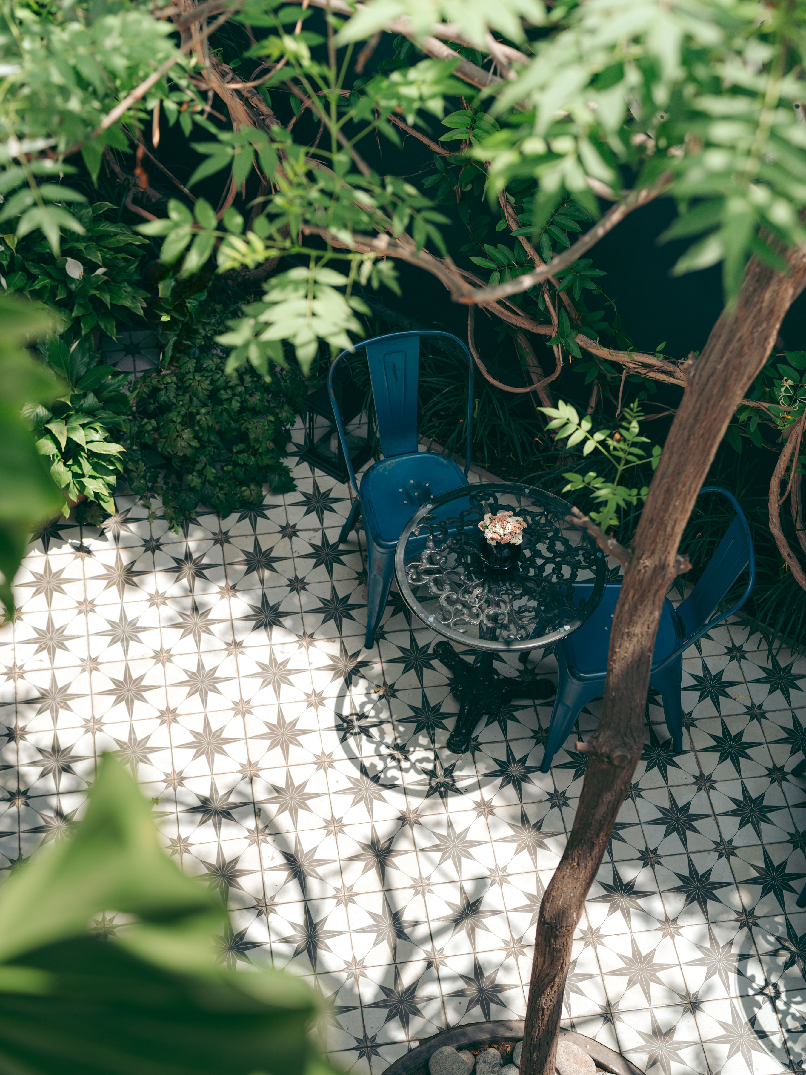 A series of images capturing the leafy interiors and exterior and the minimalist-chic rooms of a Peruvian hotel bathing in natural light.