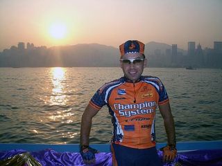 Joe Papp with the island of Hong Kong in the background before the start of stage 1 of the Tour of the South China Sea