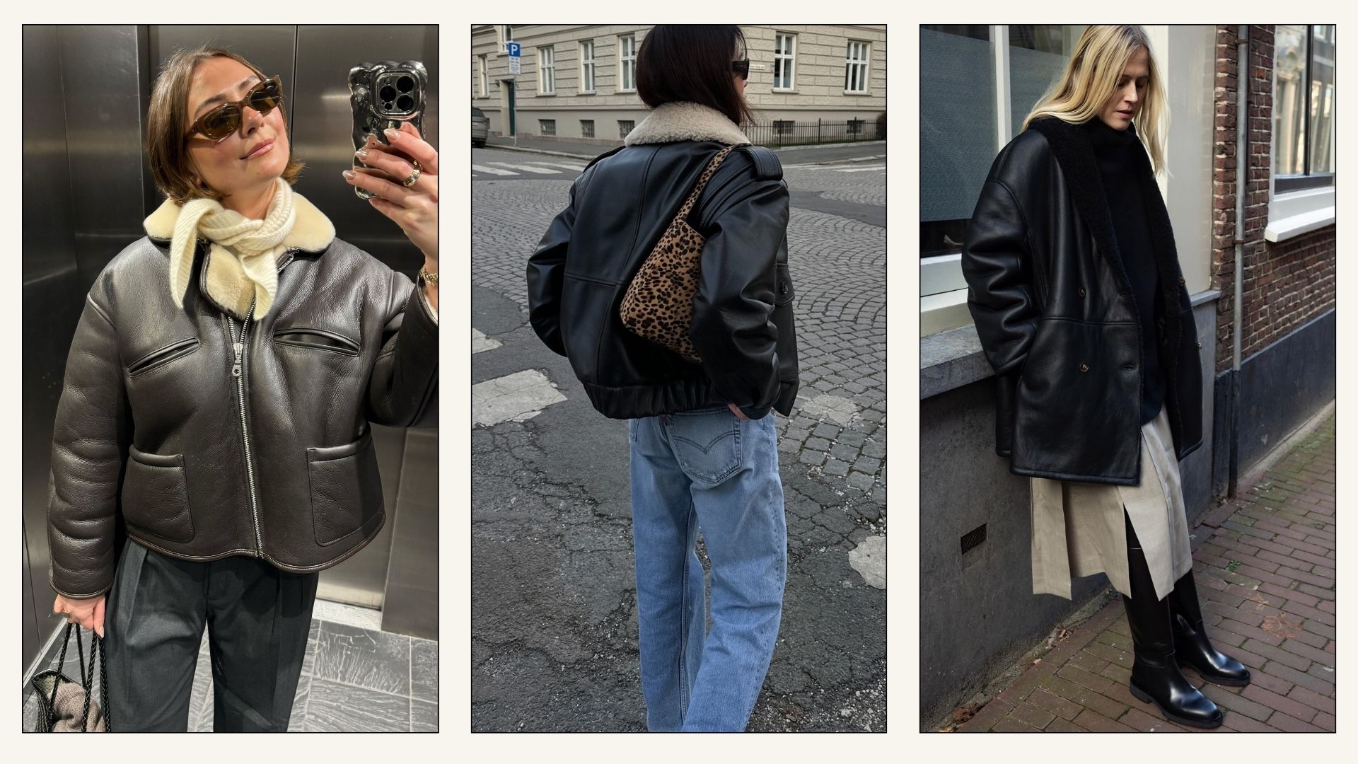 Collage of influencers wearing sheepskin leather jackets with jeans, trousers and skirts.