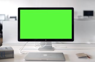 A computer monitor displays a greenscreen background