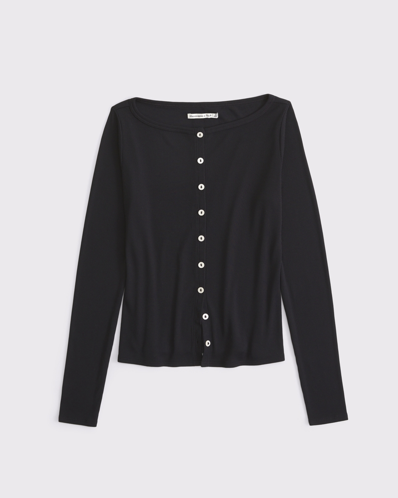 Long-Sleeve Slash Button-Through Top
