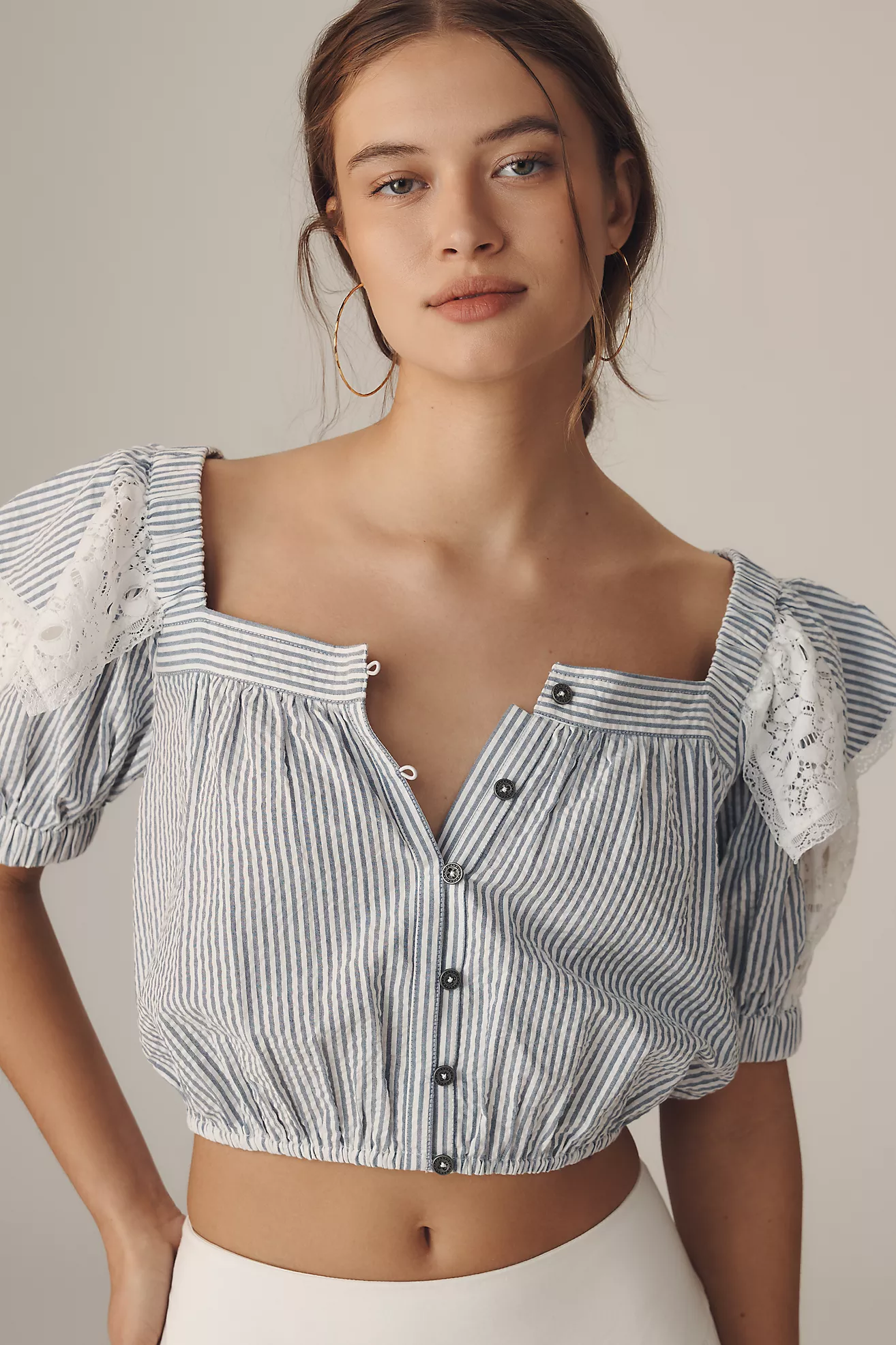 Maeve Ruffled Puff-Sleeve Button Cut Top