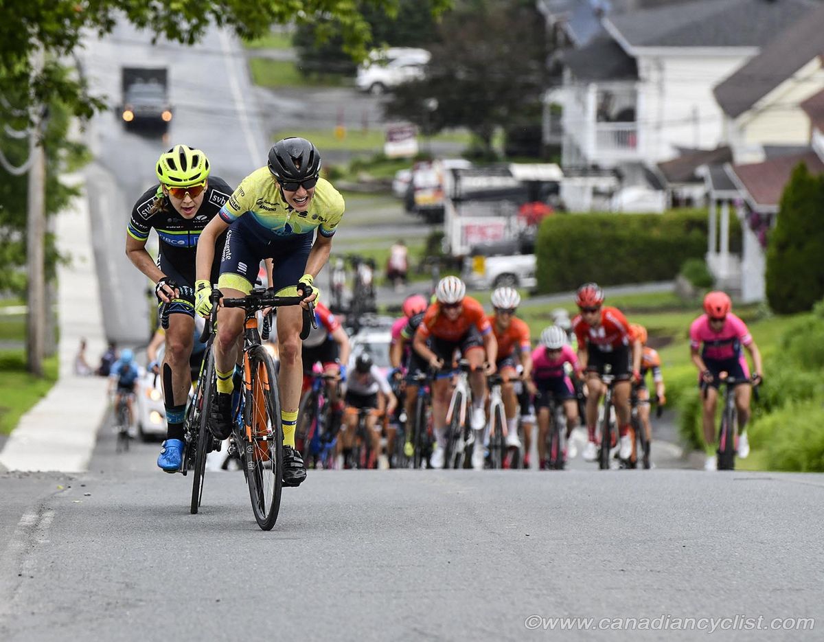 Alison Jackson (Tibco- Silicon Valley Bank) and Anna Gabrielle Traxler (La Charente-Maritime Women Cycling) attack