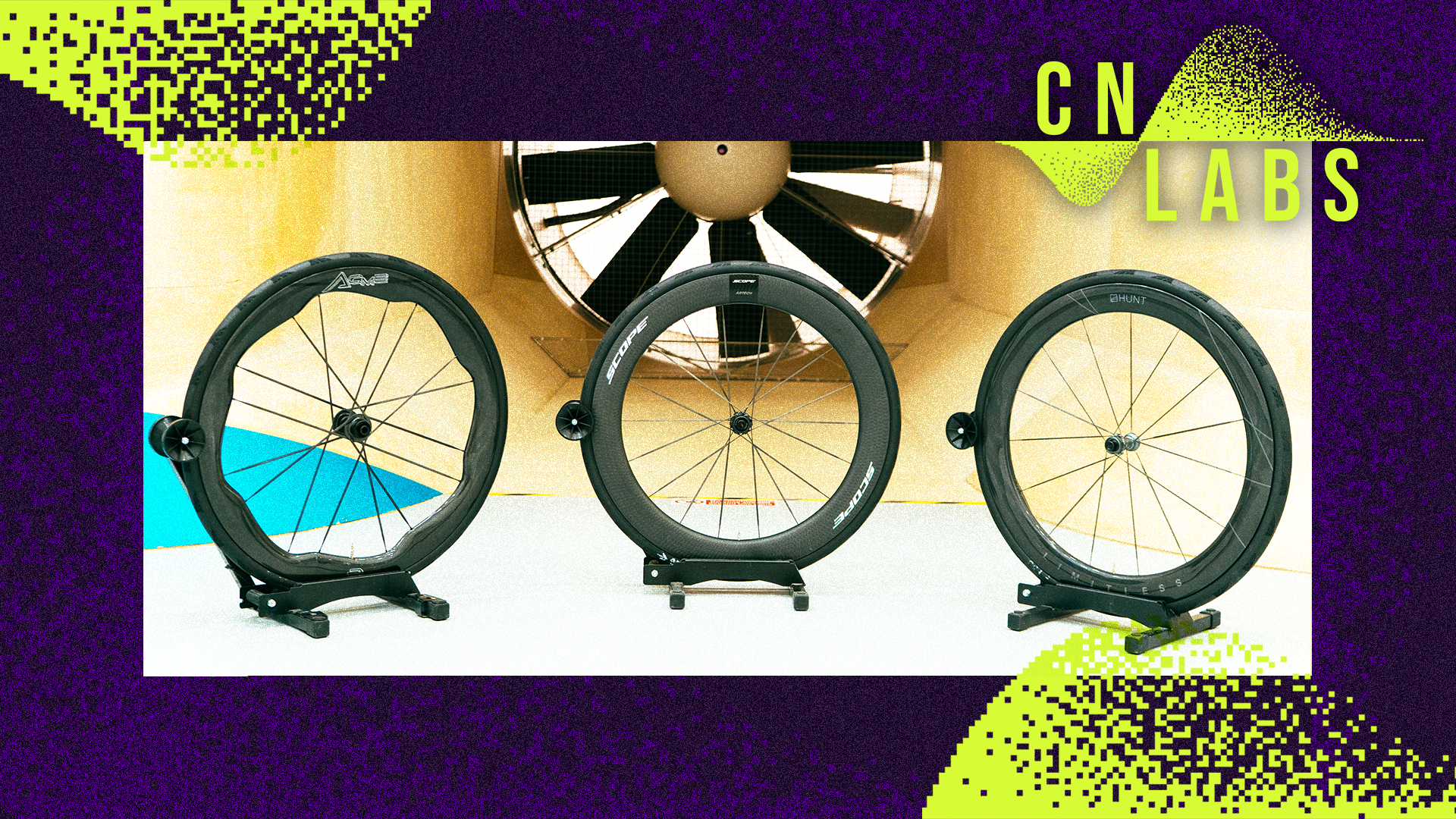 Road wheels in a wind tunnel, with a Cyclingnews Labs-themed border.