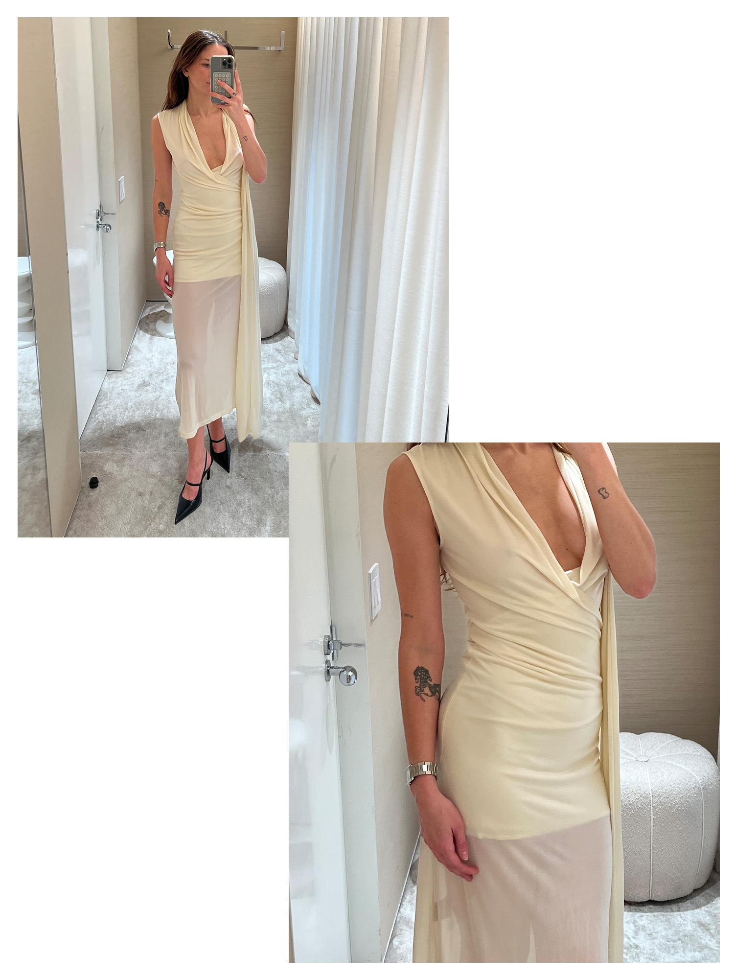 Two photos of Eliza Huber trying on a cream dress from Toteme's Upper East Side store's dressing room.
