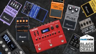Image of various Boss pedals on a dark concrete floor