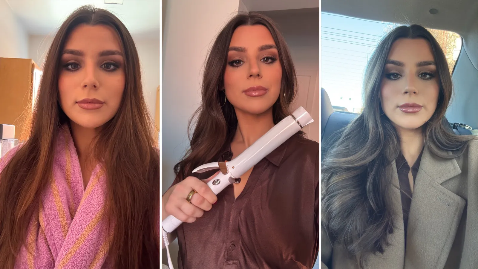 Siena Gagliano curls her hair with the T3 Singlepass 1.25-Inch Curling Iron curling iron. The first picture she has long, straight brown hair, the second she has curled hair and is holding the white curling iron, and the third picture her long brown hair is styled and curled.