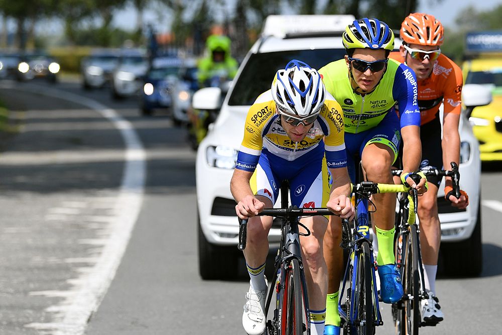 BinckBank Tour stage 4 breakaway: Thomas Sprengers of Belgium and Team Sport Vlaanderen-Baloise / Lukas Spengler of Switzerland and Team Wb-Veranclassic Aqua Protect / Elmar Reinders of Netherlands and Team Roompot-Nederlandse Loterij