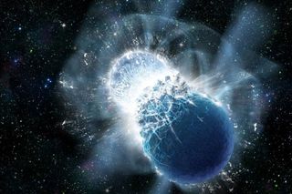 This artist's illustration shows two colliding neutron stars, the super-dense cores left behind after stars undergo supernova explosions.