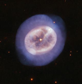 In this new image from the Hubble Space Telescope, what looks like a top-down view of a jellyfish glowing in deep space is actually the planetary nebula NGC 2022. The cosmic orb of ionized gas was expelled from a dying red giant star located at its center. As the star sheds material into space, its core shrinks and grows hotter while emitting ultraviolet radiation that illuminates its gassy shell.
