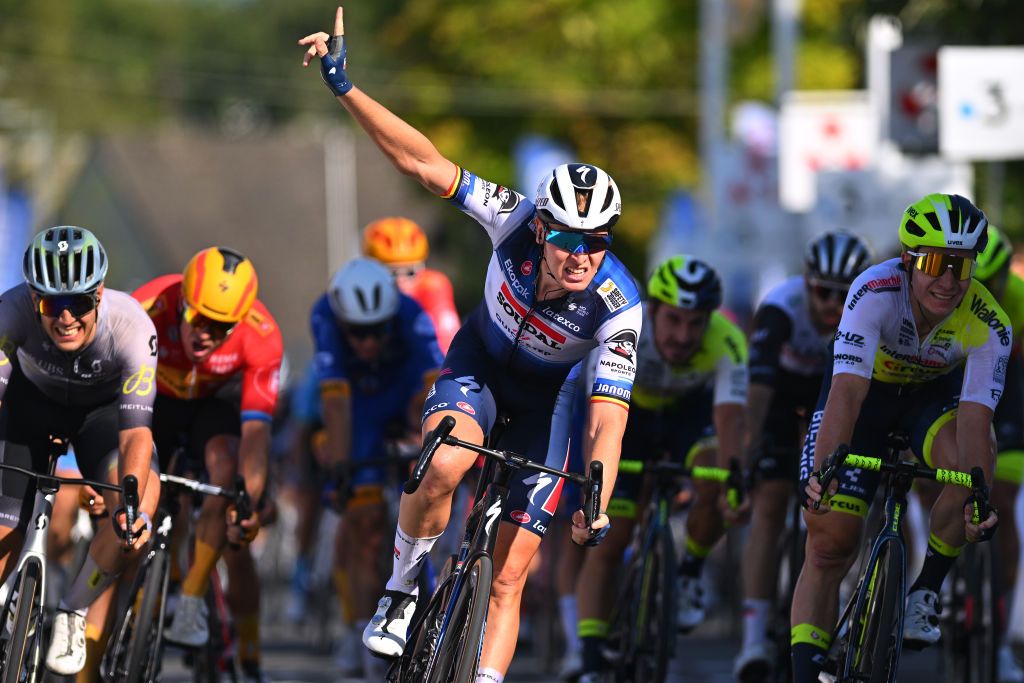 FOURMIES FRANCE SEPTEMBER 10 Tim Merlier of Belgium and Team Soudal QuickStep celebrates at finish line as stage winner during the 90th GP de Fourmies La Voix du Nord 2023 a 1976km one day race from Fourmies to Fourmies Men Elite on September 10 2023 in Fourmies France Photo by Luc ClaessenGetty Images