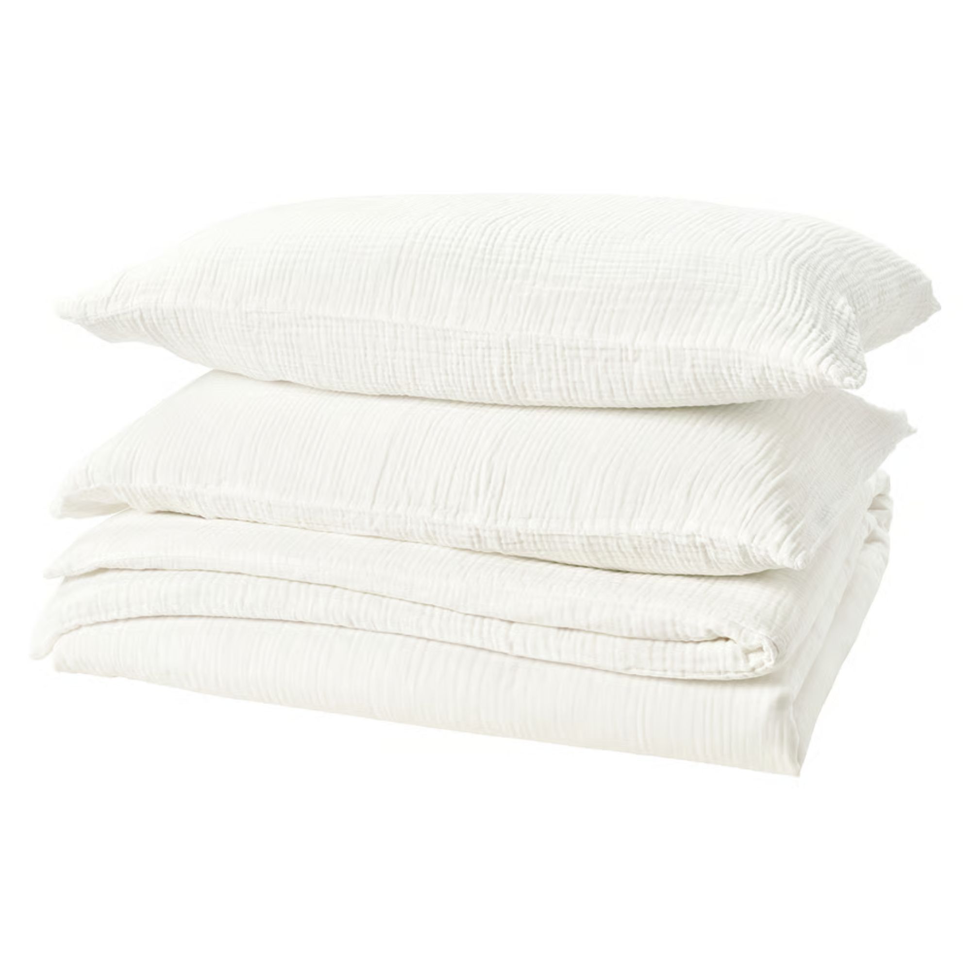 White IKEA Shersmin Bedding on a folded duvet with two pillows stacked on top.