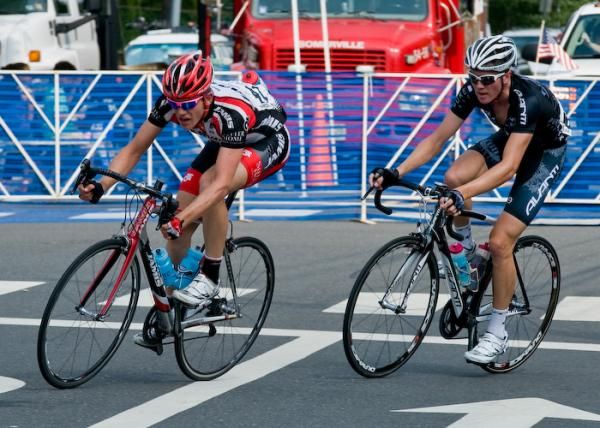 Jackie Simes (Jamis-Sutter Home) and Michael Northey (Pure Black Racing) launch the day's first breakaway