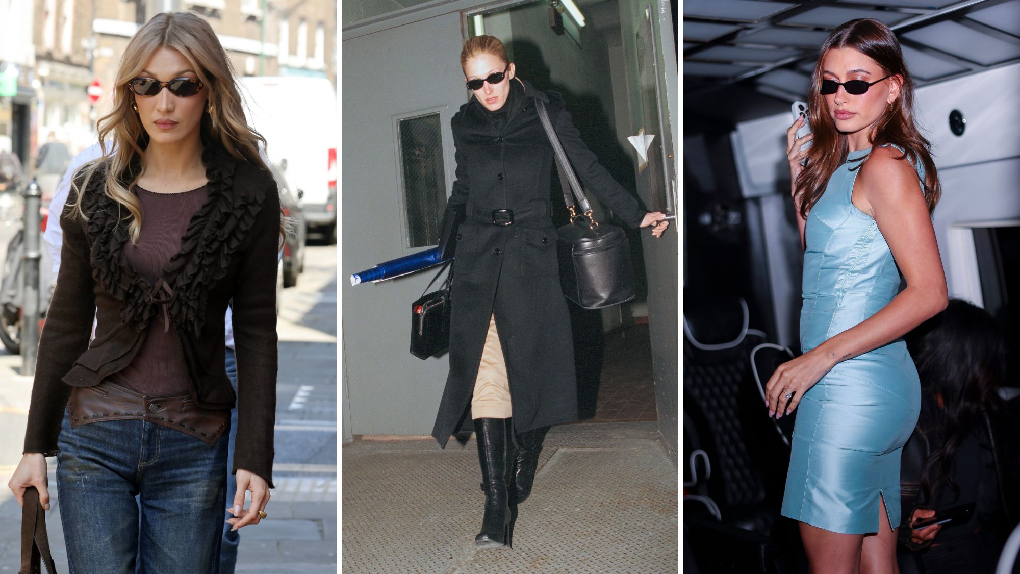bella hadid, carolyn bessette-kennedy and hailey bieber wearing oval sunglasses