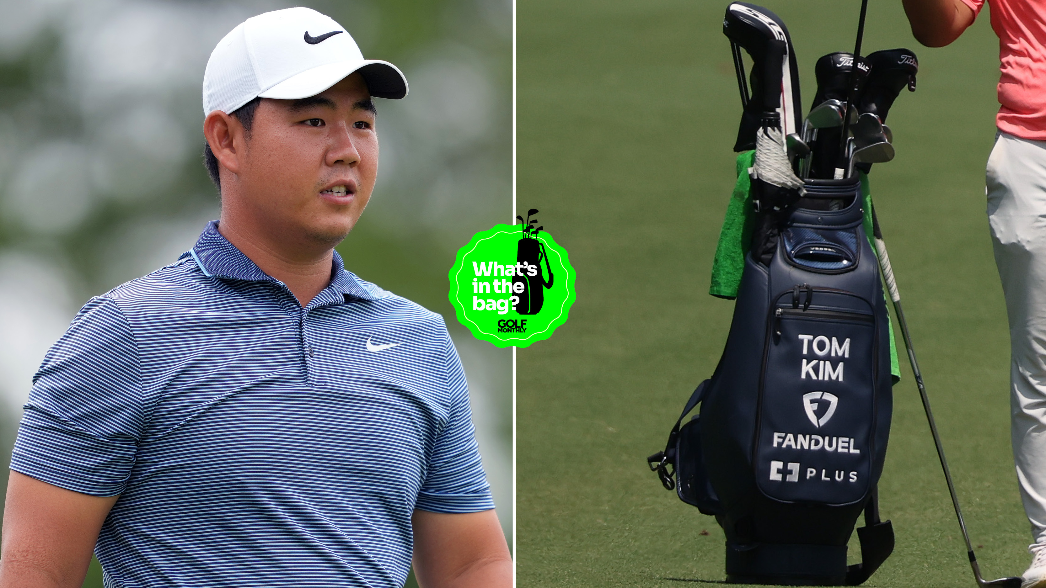 Tom Kim walks off the green, with a close up of his bag