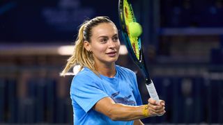  Ana Bogdan of Team Romania plays a forehand volley ahead of the 2024 Billie Jean King Cup Finals tennis