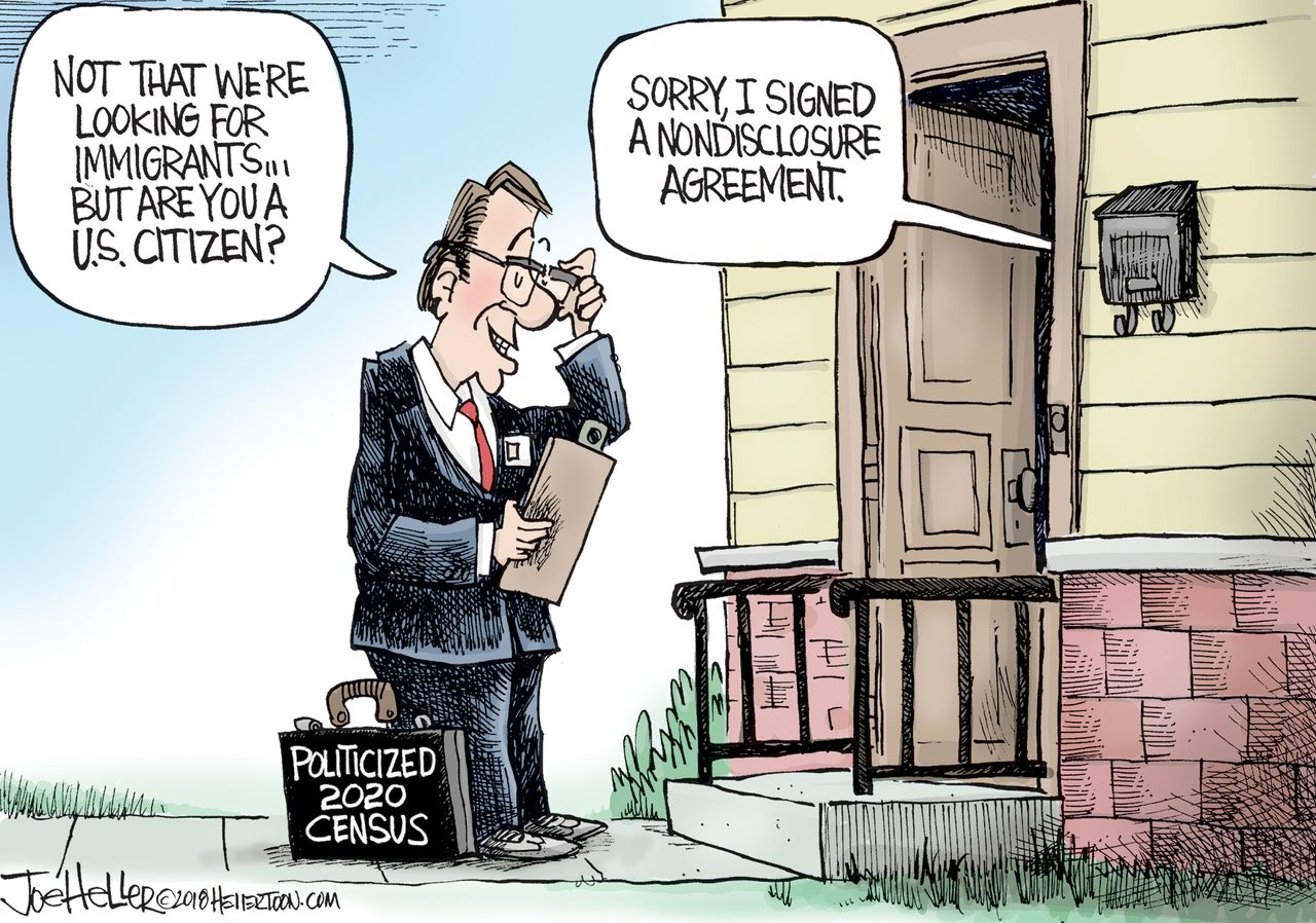 Political cartoon U.S. census citizenship question nondisclosure agreement Trump Stormy Daniels affair allegation