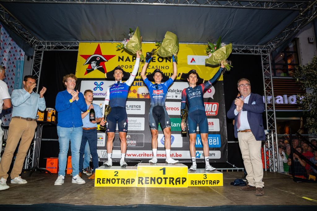 LR second Belgian Yves Lampaert of QuickStep Alpha Vinyl winner Belgian Jasper Philipsen of AlpecinDeceuninck third British Geraint Thomas of Ineos Grenadiers and Aalst Mayor Christof Dhaese pictured on the podium after the Natourcriterium Aalst cycling race Monday 25 July 2022 in Aalst The contest is a part of the traditional criteriums local races in which mainly cyclists who rode the Tour de France compete BELGA PHOTO MARIJN DE KEYZER Photo by MARIJN DE KEYZER BELGA MAG Belga via AFP Photo by MARIJN DE KEYZERBELGA MAGAFP via Getty Images