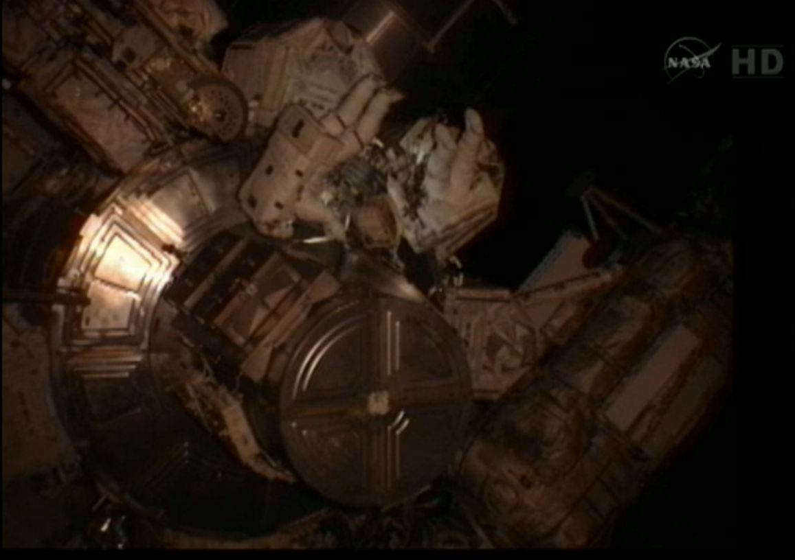 Astronauts Sunita Williams and Akihiko Hoshide outside the International Space Station on a spacewalk on Sept. 5, 2012.