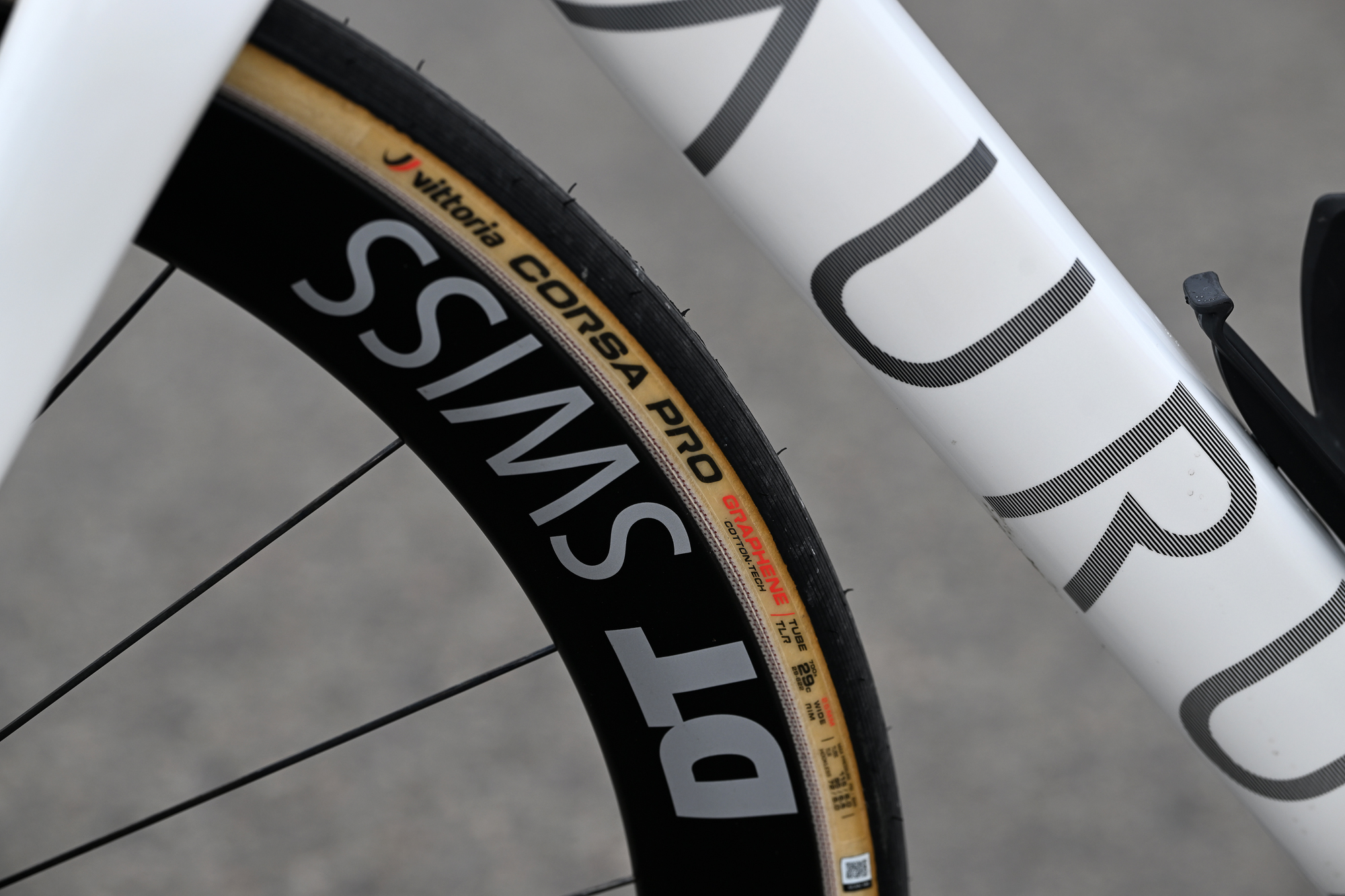 close up of the DT Swiss wheel and Vittoria Corsa Pro tyre on a white Aurum Magma