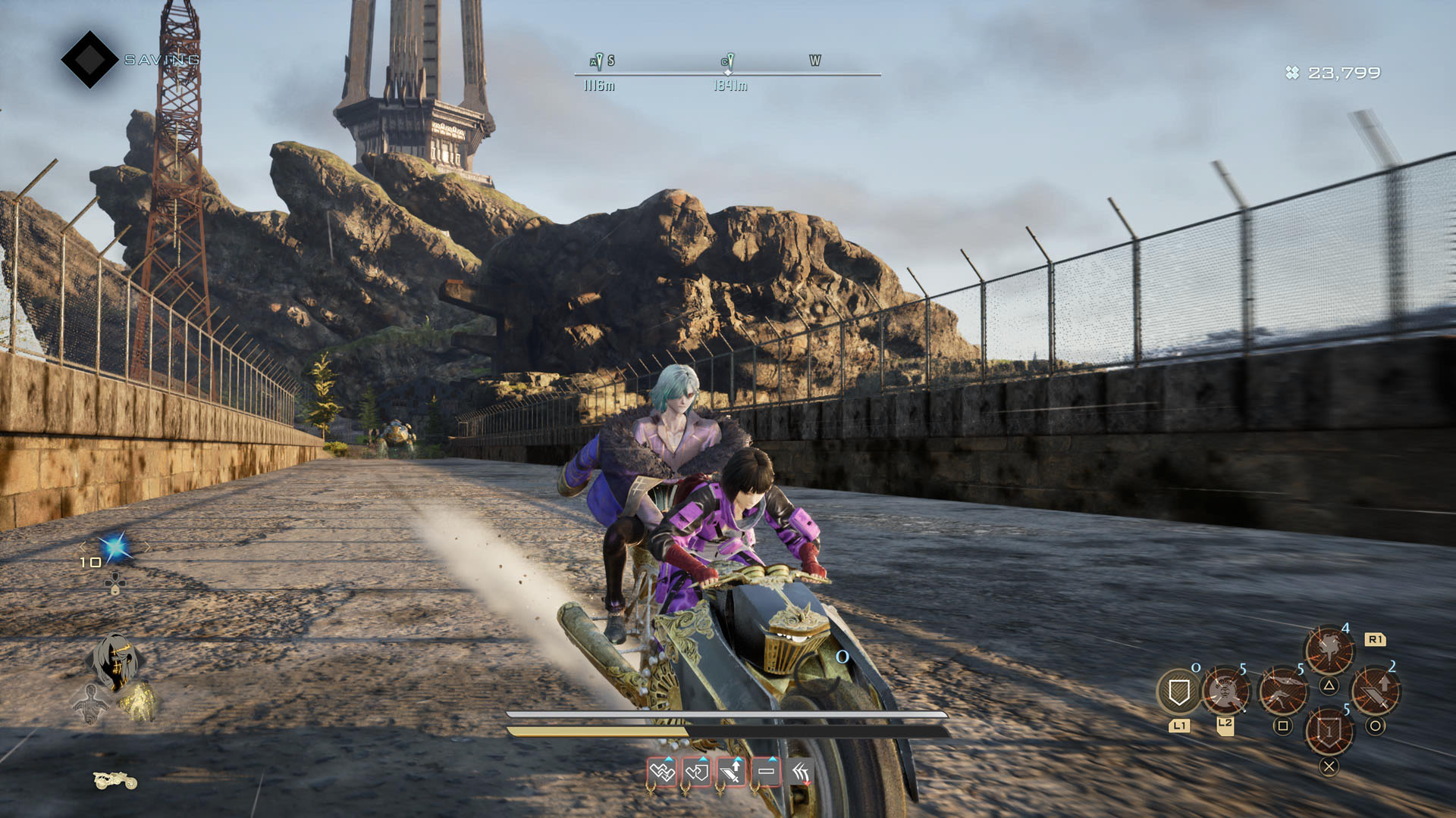 Two characters ride one motorcycle down a ruined highway in Code Vein 2