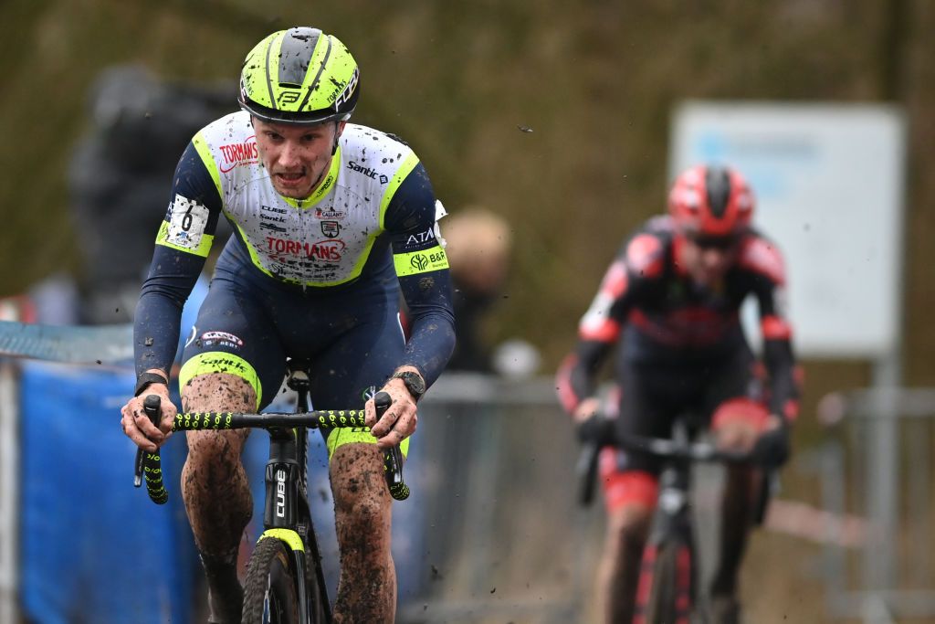 Dutch Corne Van Kessel pictured in action during the mens elite race of the Flandriencross cyclocross cycling event stage 68 in the Trofee Veldrijden competition Saturday 22 January 2022 in Hamme Belgium BELGA PHOTO DAVID STOCKMAN Photo by DAVID STOCKMANBELGA MAGAFP via Getty Images