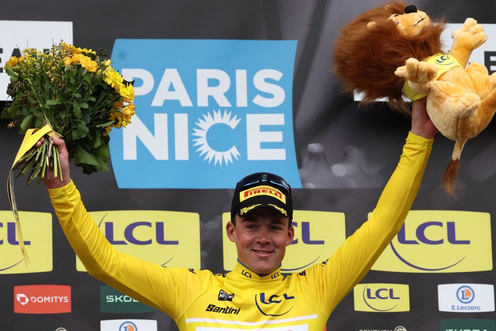 TrekSegafredos Danish rider Mads Pedersen C wearing the overall leaders yellow jersey gestures as he celebrates on the podium after winning the 2nd stage of the 81st Paris Nice cycling race 164 km between Bazainville and Fontainebleau on March 6 2023 Photo by ANNECHRISTINE POUJOULAT AFP Photo by ANNECHRISTINE POUJOULATAFP via Getty Images