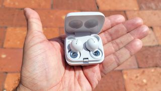 The Sony LinkBuds WF-L900 wireless earbuds sitting handsomely in the charging case